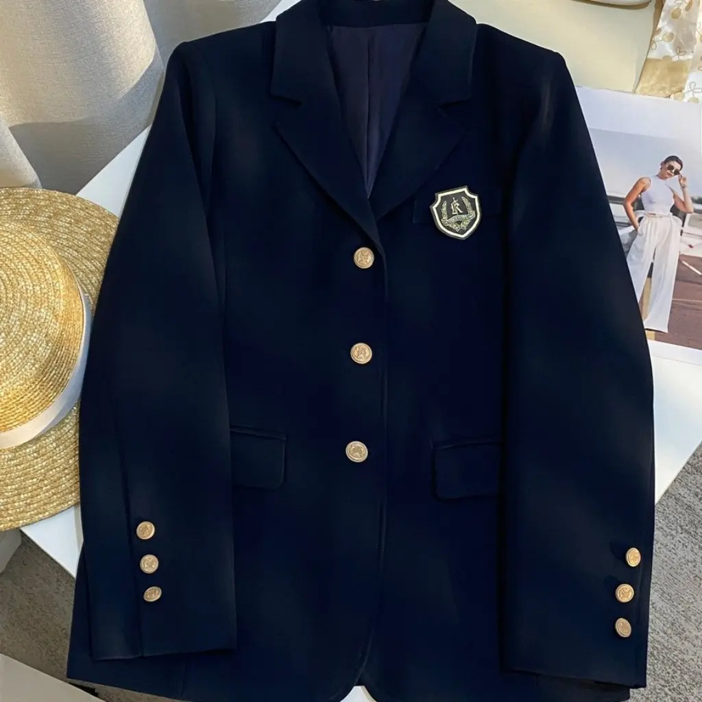 

Women's Navy Preppy Style Blazer Elegant Korean Top for Early Spring Design Popular Fashion