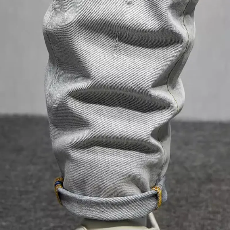 Street Fashion Men Jeans Retro LightGrey Blue Stretch Skinny Fit Ripped Jeans Men Painted Designer Hip Hop Vintage Denim Pants