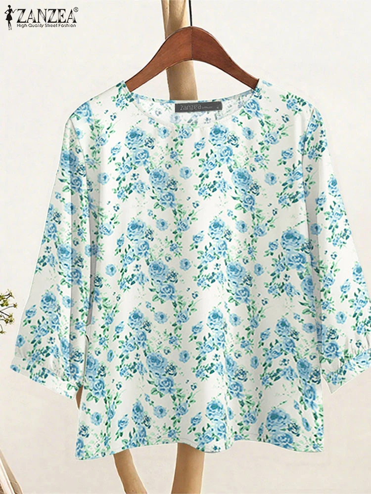 

ZANZEA Woman Floral Printing Blouses 2025 Summer Casual O-Neck 3/4 Sleeve High-Low Blusas Mujer Day Wear Lightweight T-Shirts