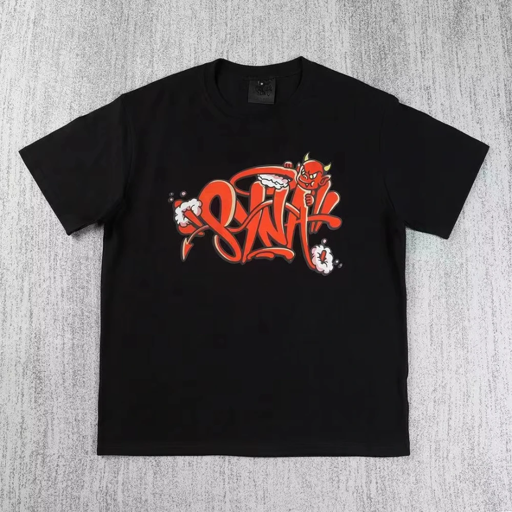 2026 Men Streetwear T-shirt Red Graffiti Devil Graphic Short Sleeve Tee Hip Hop Casual Cotton Tops Daily Wear
