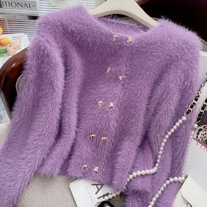 Strickjacken Frauen flauschige kurz geschnittene Pullover schicke Zweireiher Retro europäischen Stil Damenmode Straße ästhetischen Herbst Winter