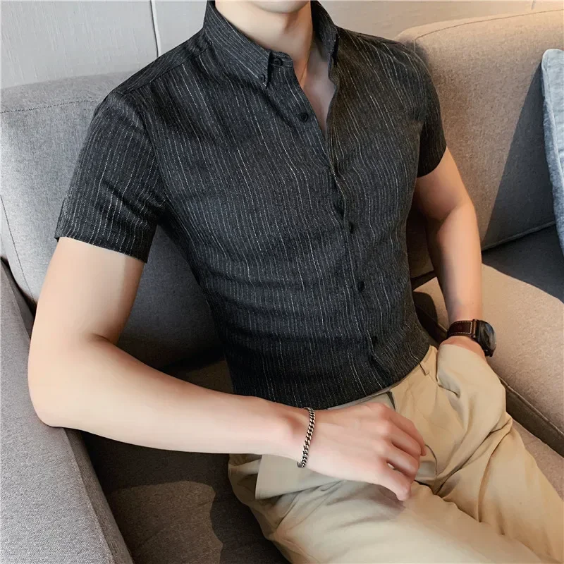 

Plus Size 4XL-M Summer Mens Dark Striped Shirts Short Sleeve Fashion 2022 Korean Slim Casual Business Formal Wear Dress Blouse