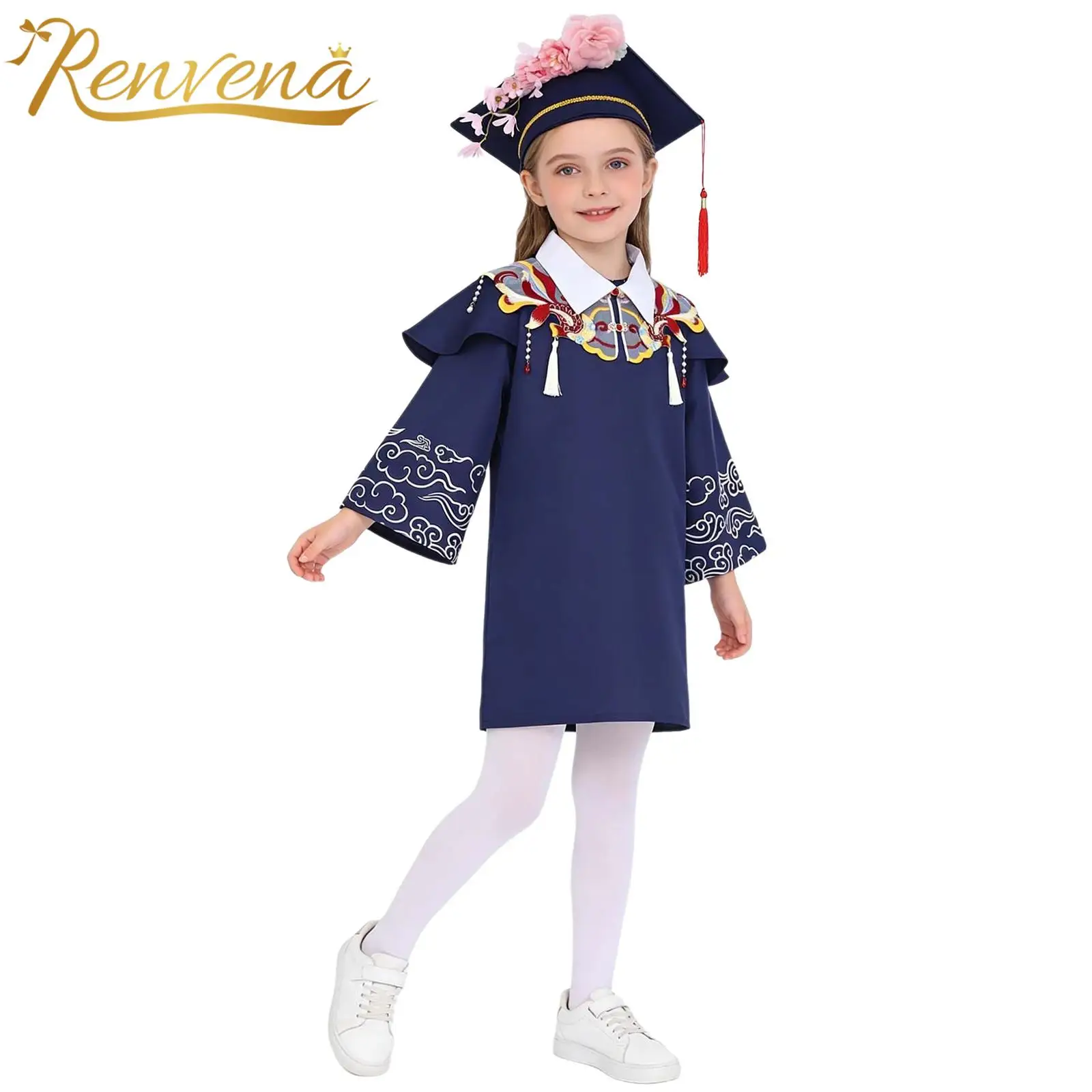 Boys Girls Bachelor Costumes Neo-Chinese Style Graduation Gown Kids Students Primary School Uniforms Gown with Tassel Cap Sets