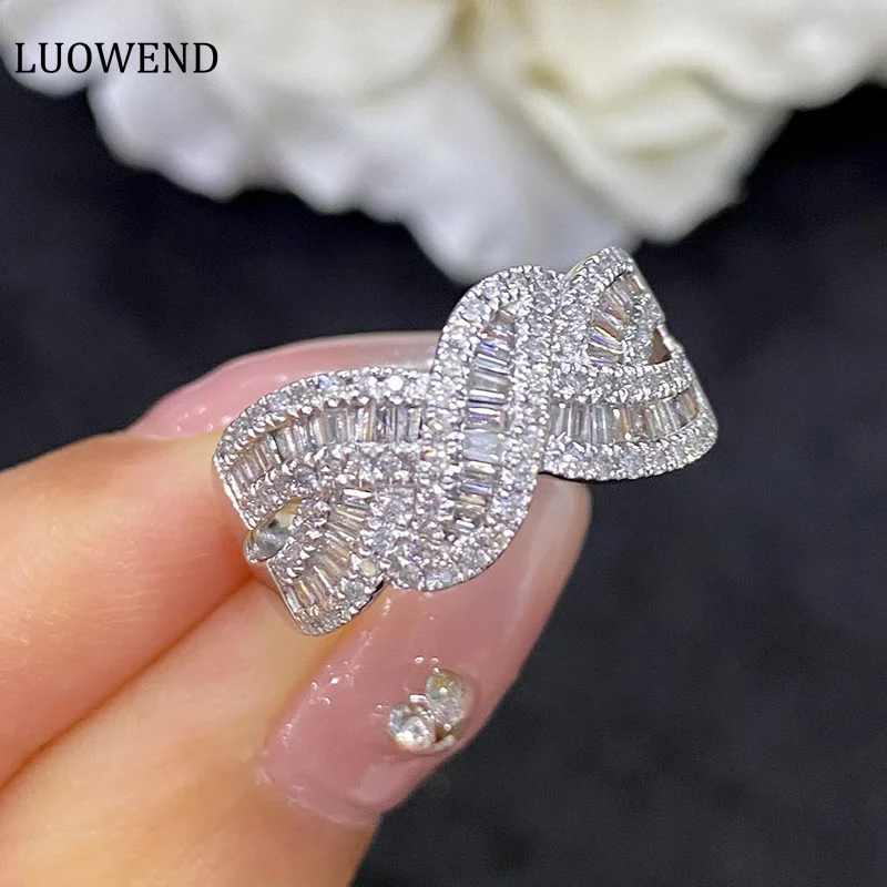 

LUOWEND 18K White Gold Rings Real Natural Diamonds 0.75carat Fashion Interlaced T-Square Shape Wedding Rings for Women