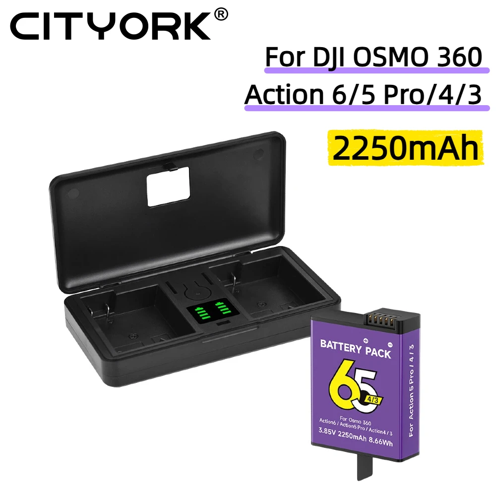 2250mAh Akku für DJI OSMO Action 360, OSMO Action 6, OSMO Action 5 Pro, OSMO Action 4, OSMO Action 3 mit 2-Slot-LCD-Ladegerät