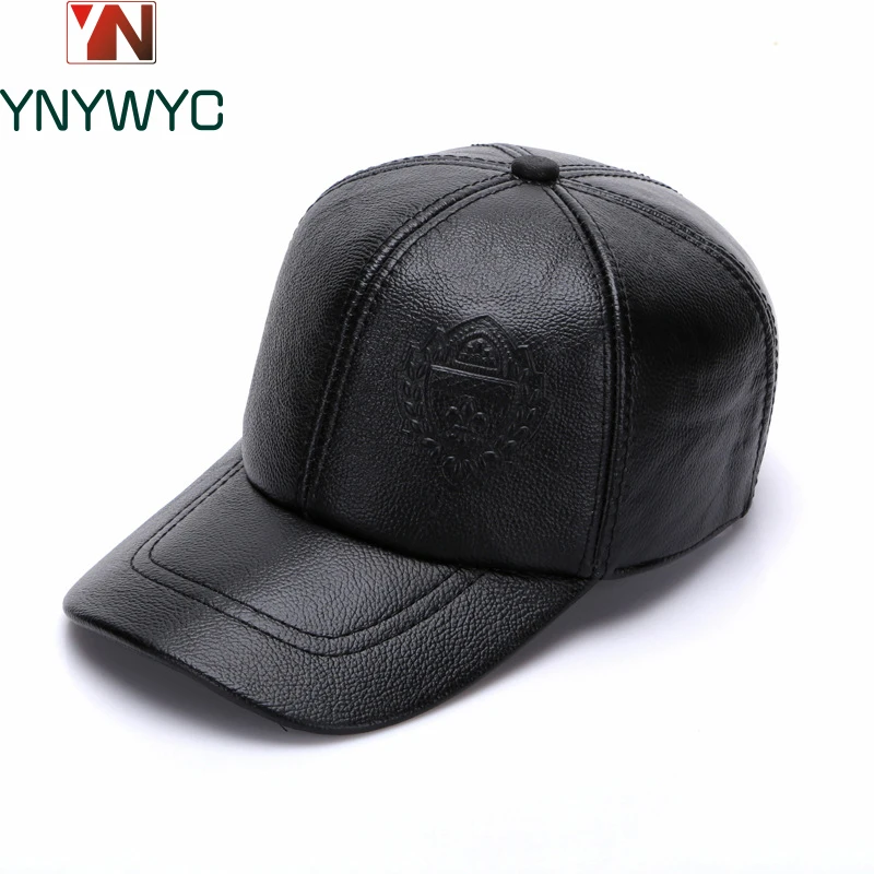 Male Fall Winter Genuine Real Cow Leather Baseball Hats New Men Casual Real Leather Earflap Cap Men Real Cowhide Leather Caps