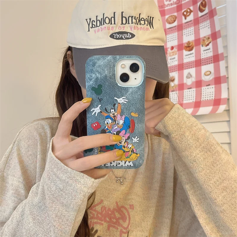 Luxury Disney Mickey Mouse PU Hard Phone Case for iPhone 12 13 14 15 Pro Max Cute Minnie Donald Daisy Pluto Goofy Cover