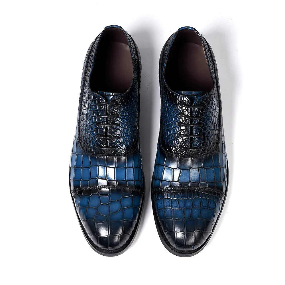 Zapatos Oxford de cuero genuino de lujo para hombre, puntera con patrón de cocodrilo, estampado de serpiente, con cordones, para oficina, boda, fiesta