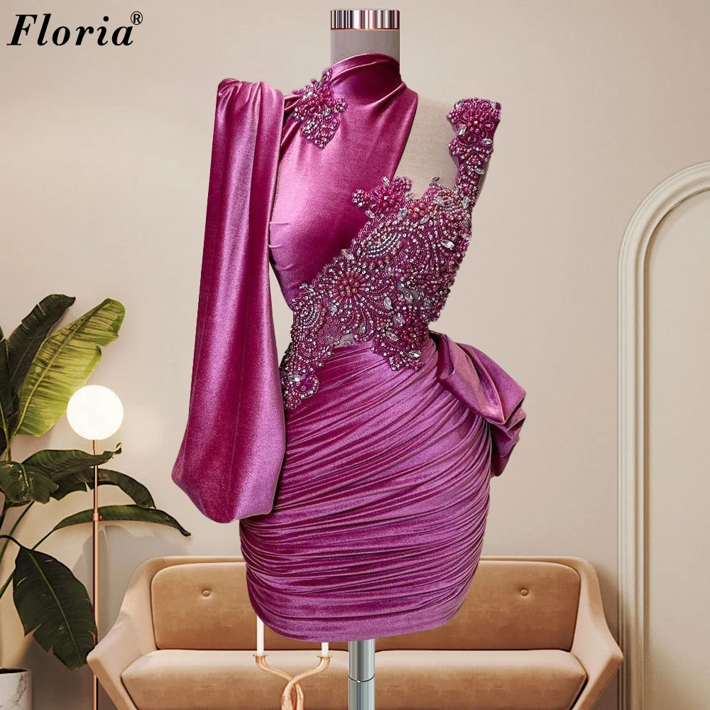 Mini Mermaid Velvet Cocktail Dresses For Women One Shoulder High Neck Prom Dresses Vestidos De Cóctel Dubai Pageant Gowns