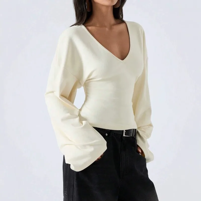 Damen V-Ausschnitt Flare Langarm Crop Top Slim Fit Basic T-Shirt Lässige Y2K Streetwear Elegante Alltags-Mode Bluse Tops