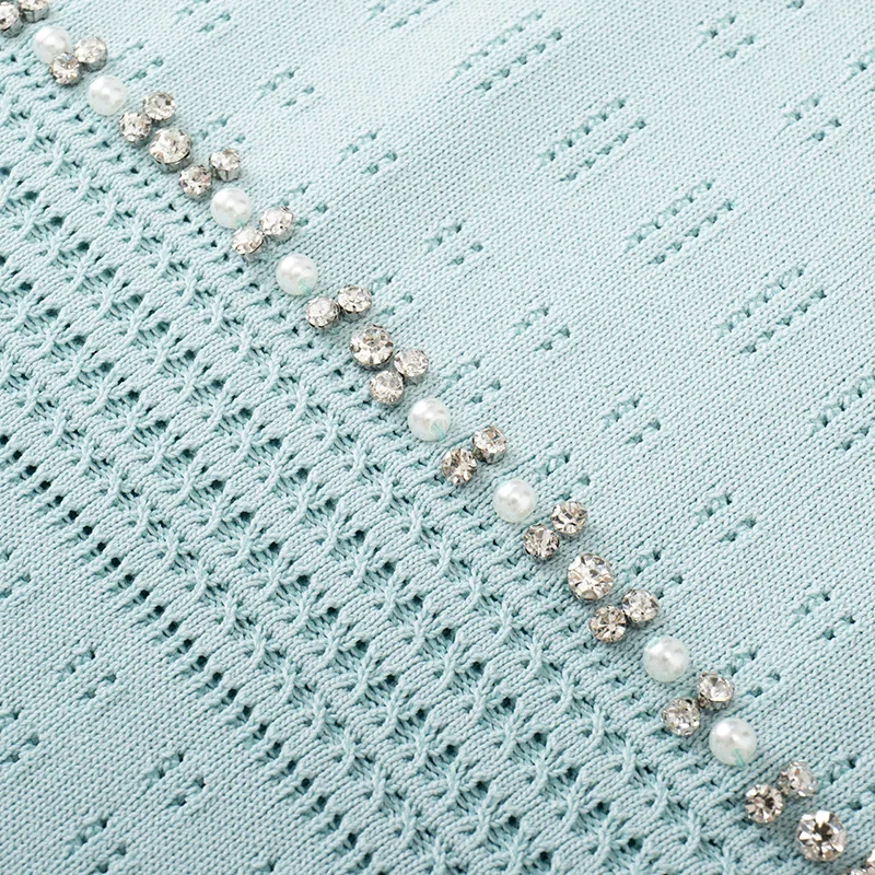 فستان نسائي محبوك بدون أكمام برقبة على شكل حرف V باللون الأزرق الفاتح مع زخرفة لؤلؤية أنيق متوسط الطول فستان ذيل السمكة رداء متوسط الطول #4