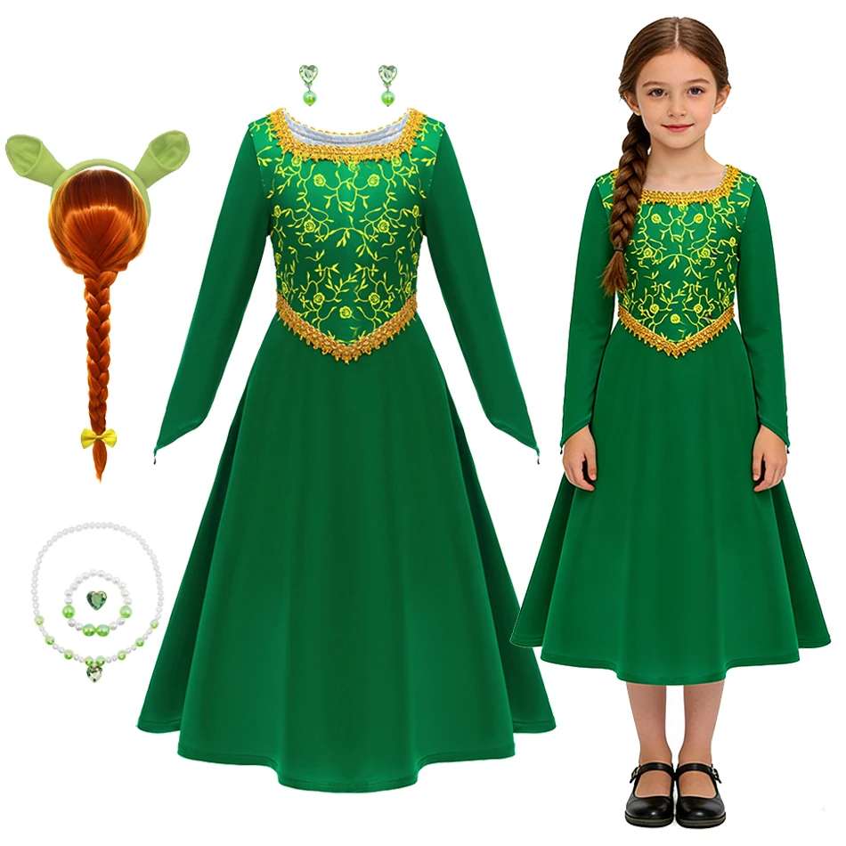 Girls Fairytale Ogre Princess Green Long Sleeve Dress With Red Braid Wig with Elf Ears Jewelry for Halloween Party Role Play