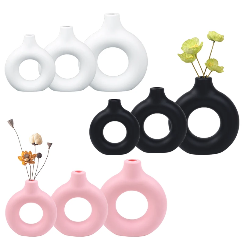 Florero de plástico de Donut, bonito jarrón redondo blanco, negro y rosa, adornos para maceta para sala de estar, mesa de comedor, oficina, decoración del hogar