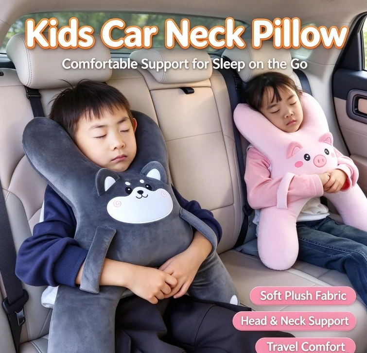 HTMCK Car Cute Cartoon Pillow Car Mounted Child Sleeping Pillow Car Removable Comfortable Breathable Headrest Lumbar Support