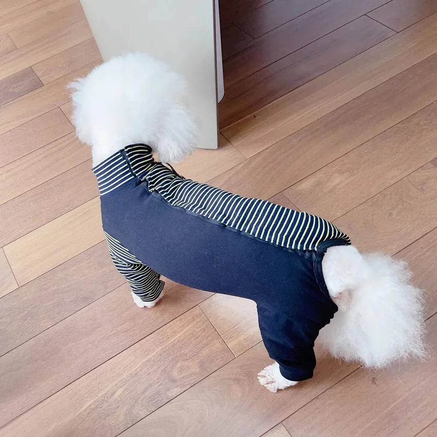 Retro Simple Splicing Color Pet Dog Clothes Fashion Stripe Cotton Thin Jumpsuits Hoody For Small Medium Dog Poodle Puppy Outfits