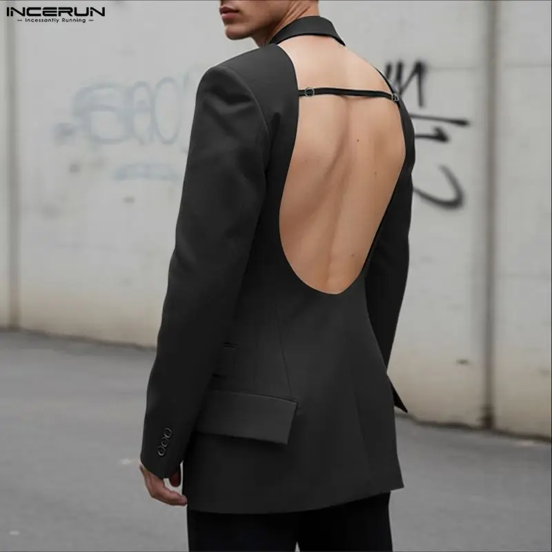 INCERUN Men Blazer Solid Color Lapel Long Sleeve One Button Male Suit Backless Hollow Out Streetwear Fashion Casual Thin Coats