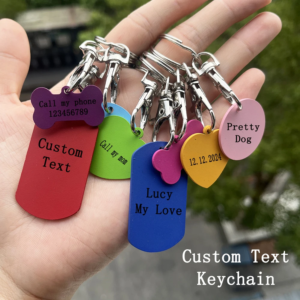 

Personalized Pet Keychain Engraved Text Candy Color Stainless Steel Keychain Heart Round Bone Dog Cat Keychain For Pet Gift