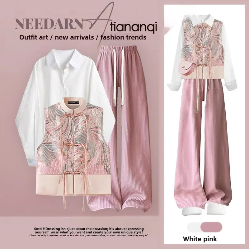 

Весенний комплект из двух предметов большого размера для женщин: розовый базовый топ-жилет и свободные брюки. Модный ансамбль.