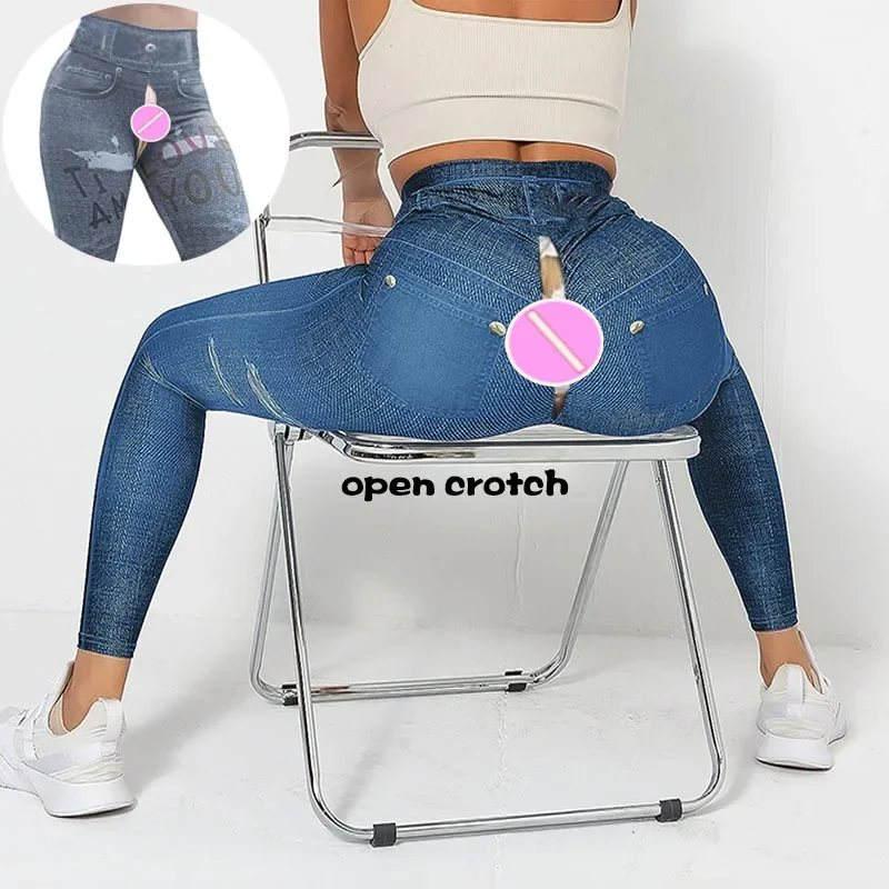 

Open Crotch Pants Ladies Printed Faux Jeans Yoga Fitness Peach Butt Leggings Outdoor Sex Sport Workout Women High Waist Trousers