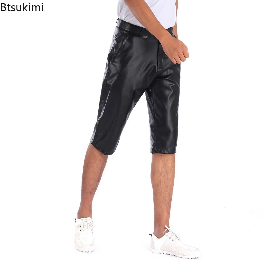 New 2026 Men's Faux Leather Shorts Punk Style Summer Stretch Loose PU Leather Pants Fashion Versatile Business Casual Man Shorts