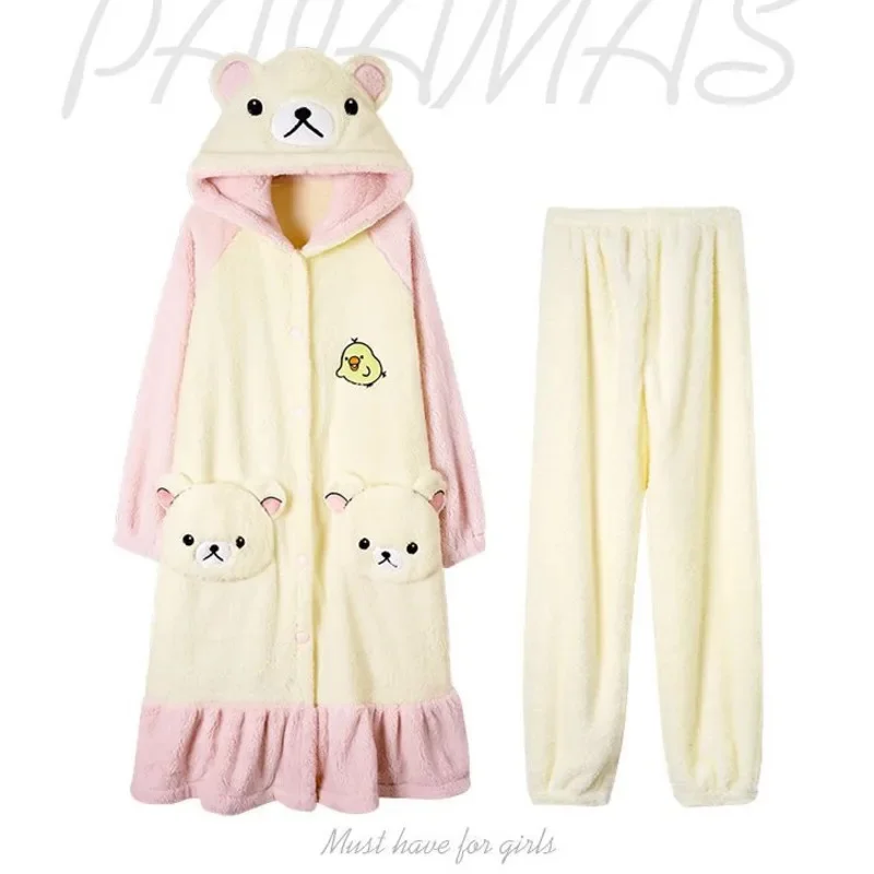 Rilakkuma Pyjamabroek Set Japan Borduren Y2k Coral Fleece Capuchon Vrouwen Winter Dik Fluwelen Kawaii Paar Thuis Outfit Nieuw