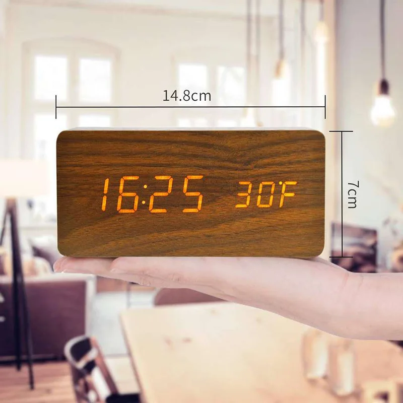 Digitaler Wecker aus Holz, LED-Wecker mit Temperatur-Schreibtischuhren für Büro, Nachttischuhr – Detail 8