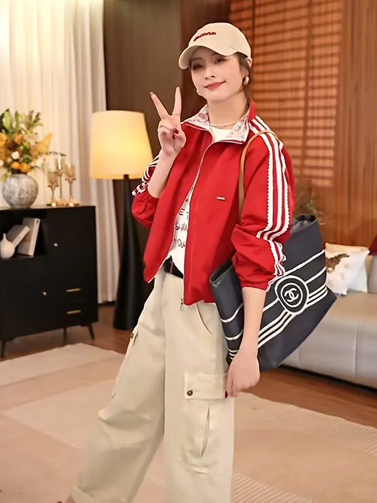 

Slimming Short Patchwork Korean Style Women's Jacket with Stand Collar And Stripes Pattern for Spring Season Versatile Outerwear