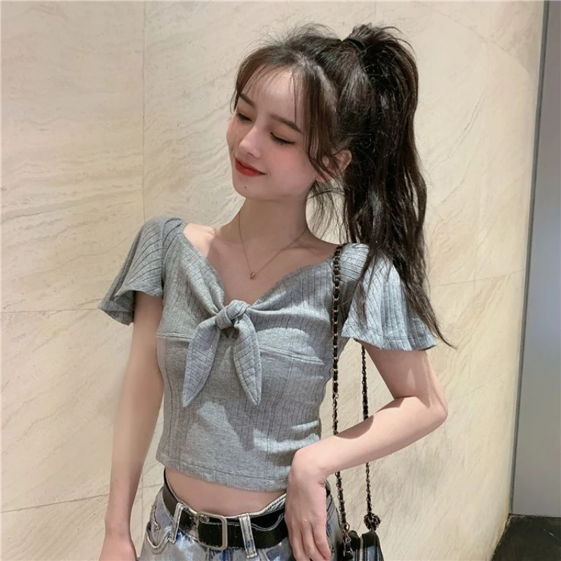 

Korean Style One-length Sweet Bow Knitted T-shirt for Women in Summer New Solid Color Short Collarbone Exposed Top