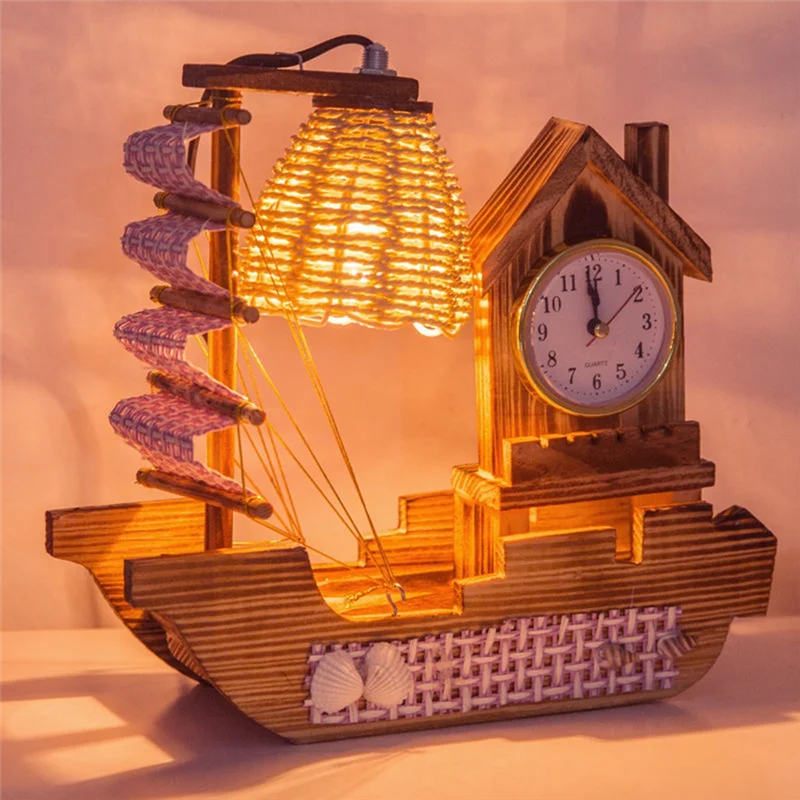 AA87 المراكب الشراعية الخشب مصباح على مدار الساعة مع ساعة مع سلاسل ضوء الاحترار ساعة إلكترونية متعددة الوظائف سهلة التركيب الأرجواني
