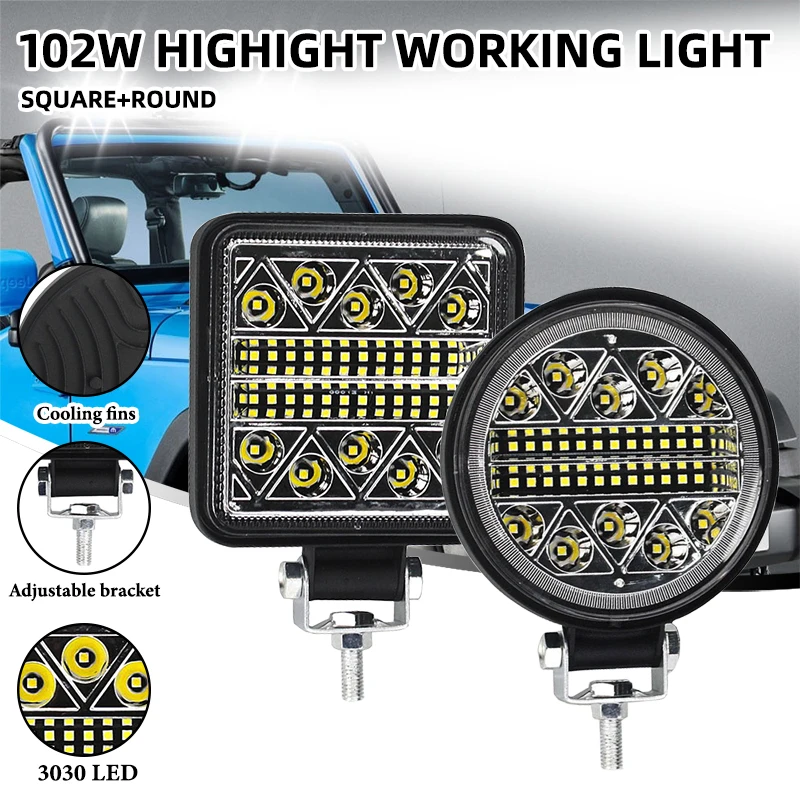 2pcs Car Square Round Led Work Light 102w High Power Lightbar Spotlight Strobe Flash OffRoad Truck Boat 4x4 Atv Suv Driving Lamp