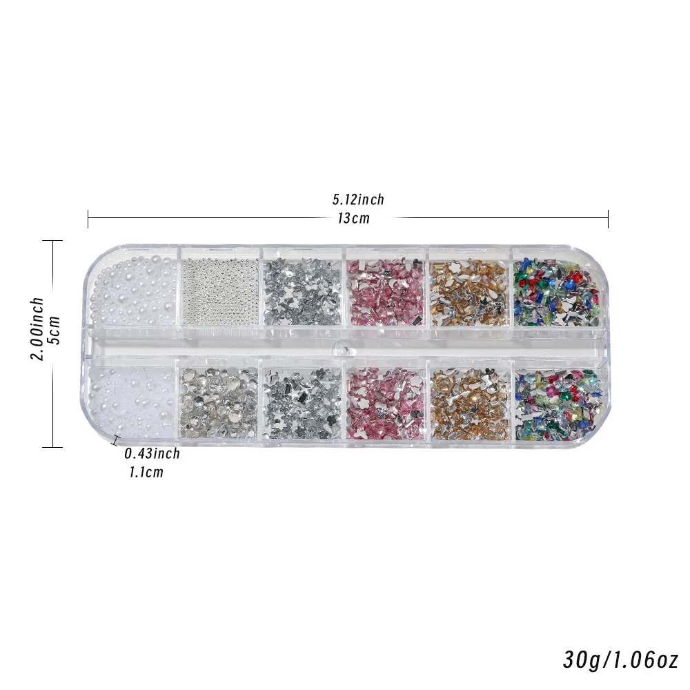 ชุดตกแต่งเล็บ 12 ช่อง 3 มิติ รูปดาวผีเสื้อ คริสตัล อัญมณ์ ไข่มุก ลูกบอลคาเวียร์ จิวเวลเล็กๆ สำหรับตกแต่งเล็บ DIY