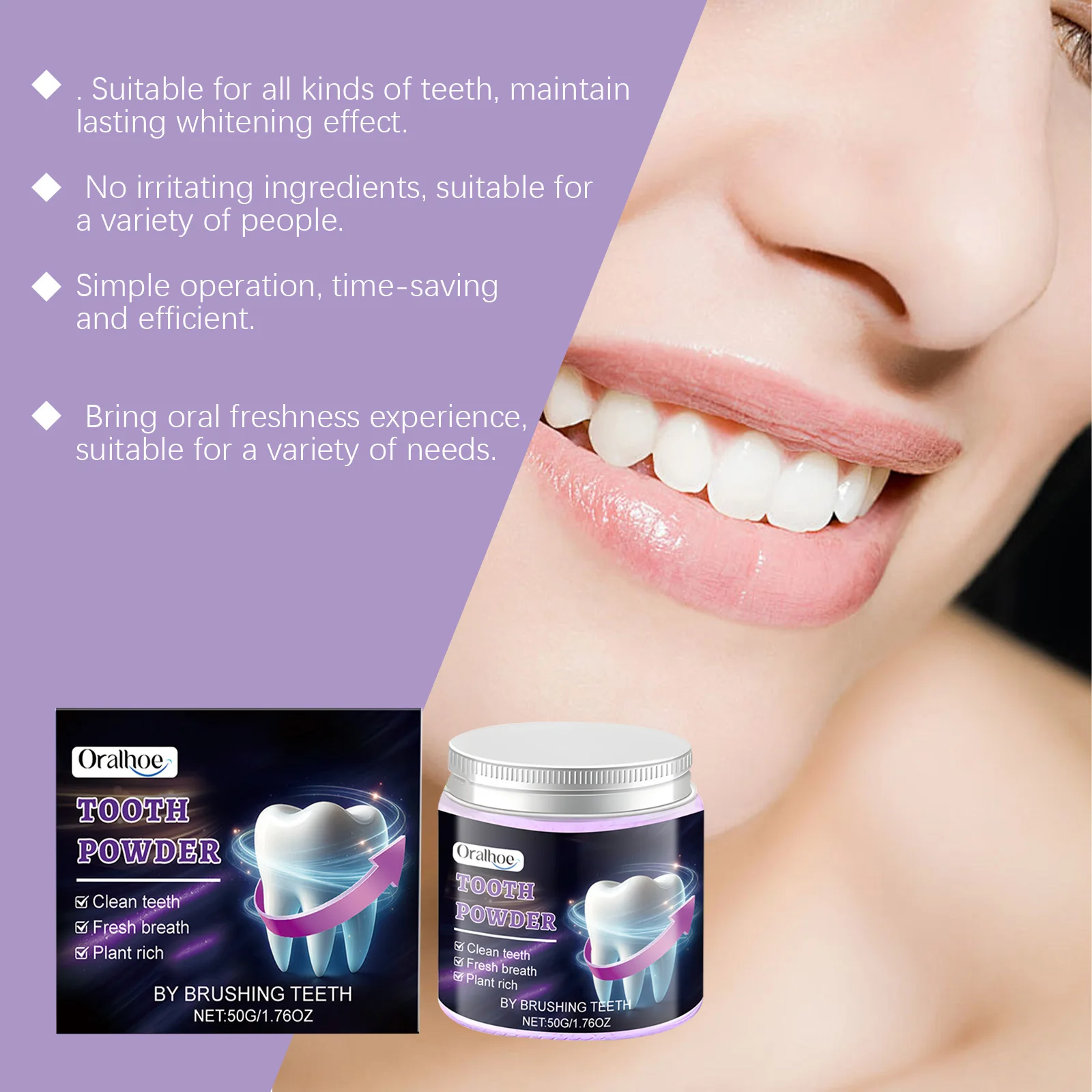 Oralhoe Purple Tooth Powder with Fresh Mint Enamel Protection Gentle Teeth Cleaning Daily Gum Care Oral Health for Adults