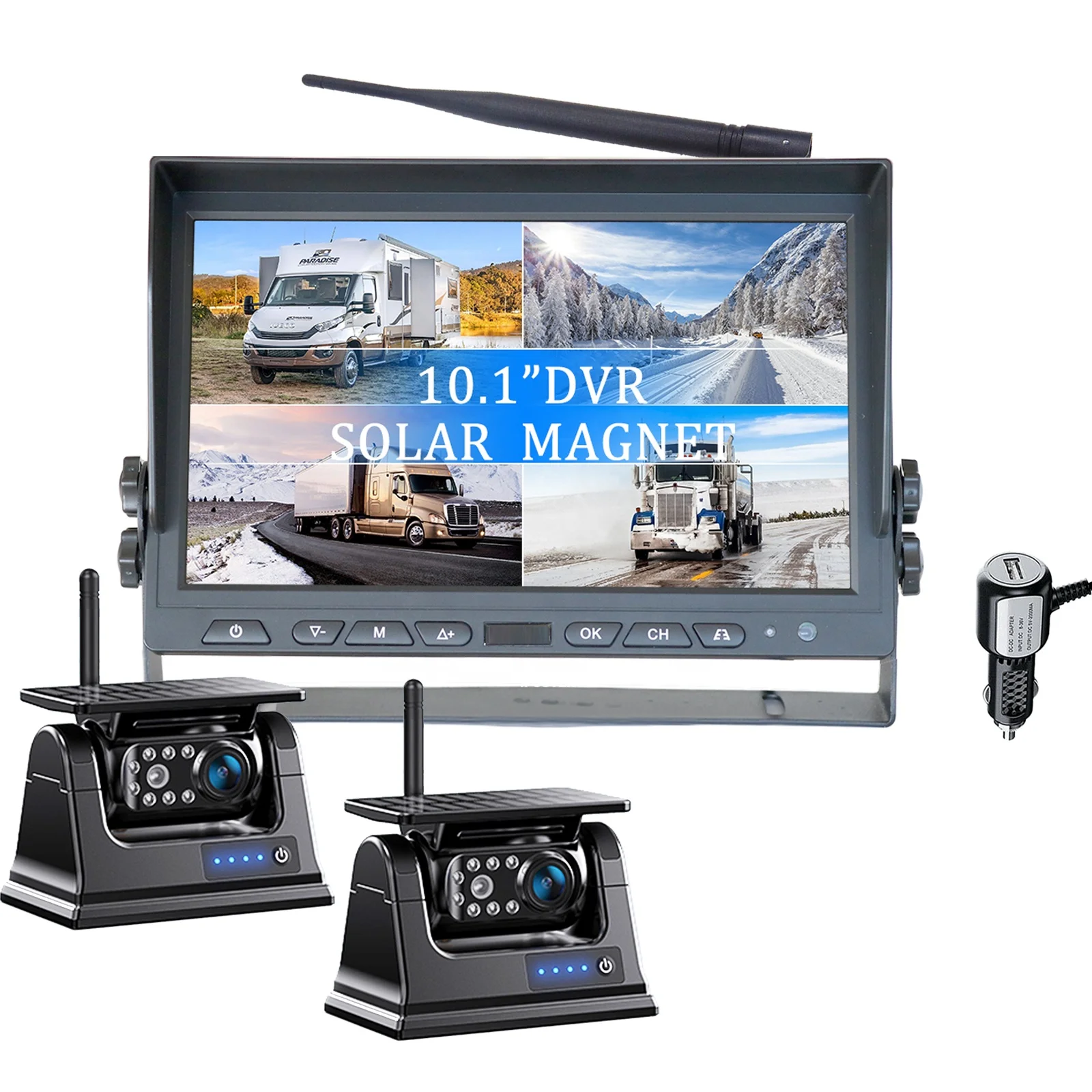 

IPoster 10.1in Wireless HD Quad View IPS Monitor With 2X2MP Backup Reversing Magnetic Base Solar Rechargeable Battery Camera Kit