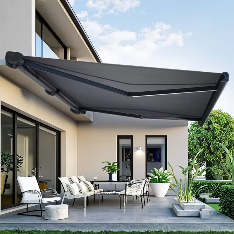 Heavy Duty Aluminum Frame Retractable Full Box Awning with Remote LED Light All Weather Rain Cover for Outdoor Gardens