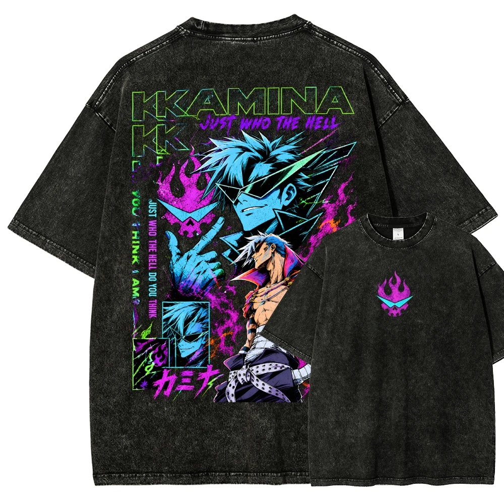 Tengen Toppa Washed T-shirt Oversized Unisex Print T-shirts for Men Women Fashion Hip Hop Street Retro Fashion Trendy Cotton tee