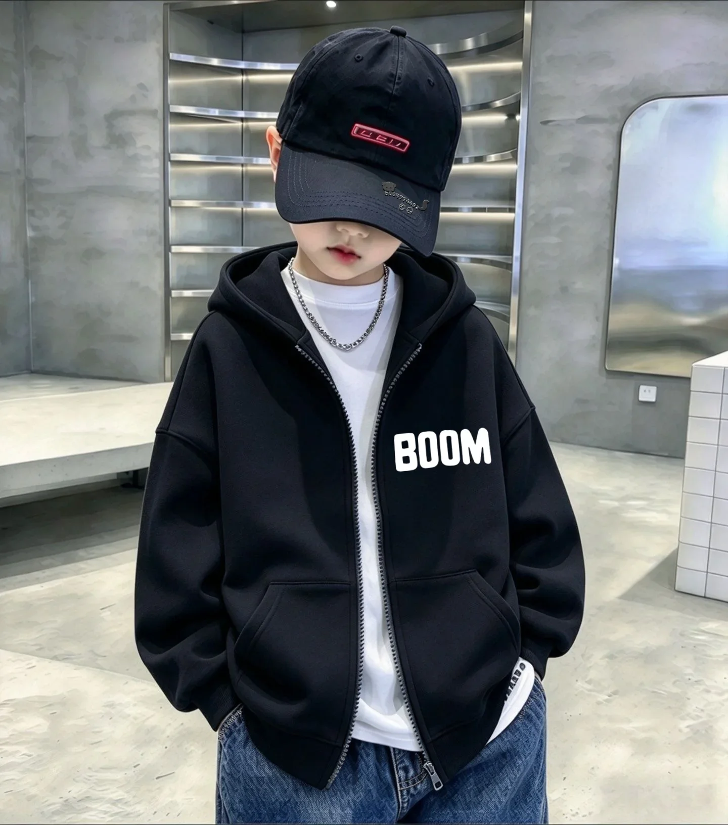Children's zip-up hoodie for spring, autumn, and winter, featuring a minimalist 
