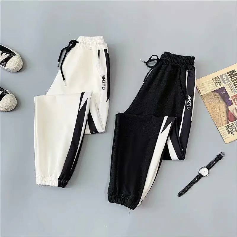 2023 Spring and Autumn Leisure Versatile Oversized High Waist Lace Up Pocket Letter Printed Stripe Colored Tie Feet Guard Pants