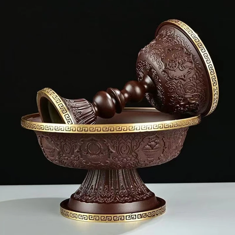 Chocolate Color Buddhist Tray Cup Copper Tantric Handicraft Embossed Tibetan Holy Water Plate Home Altars Desktop Decorative