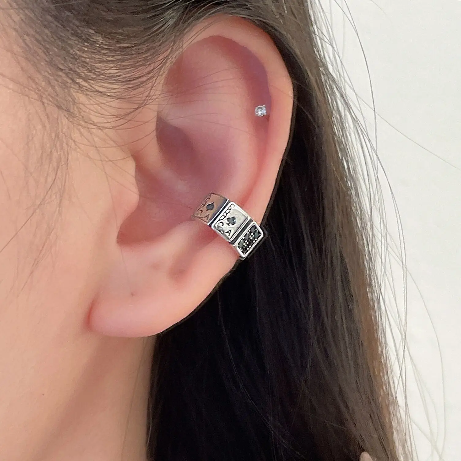 925 Sterling Silver Poker Shape Ear Clip for Women Zircon Matte Design Punk HipHop Cool Jewelry Gift Dropshipping