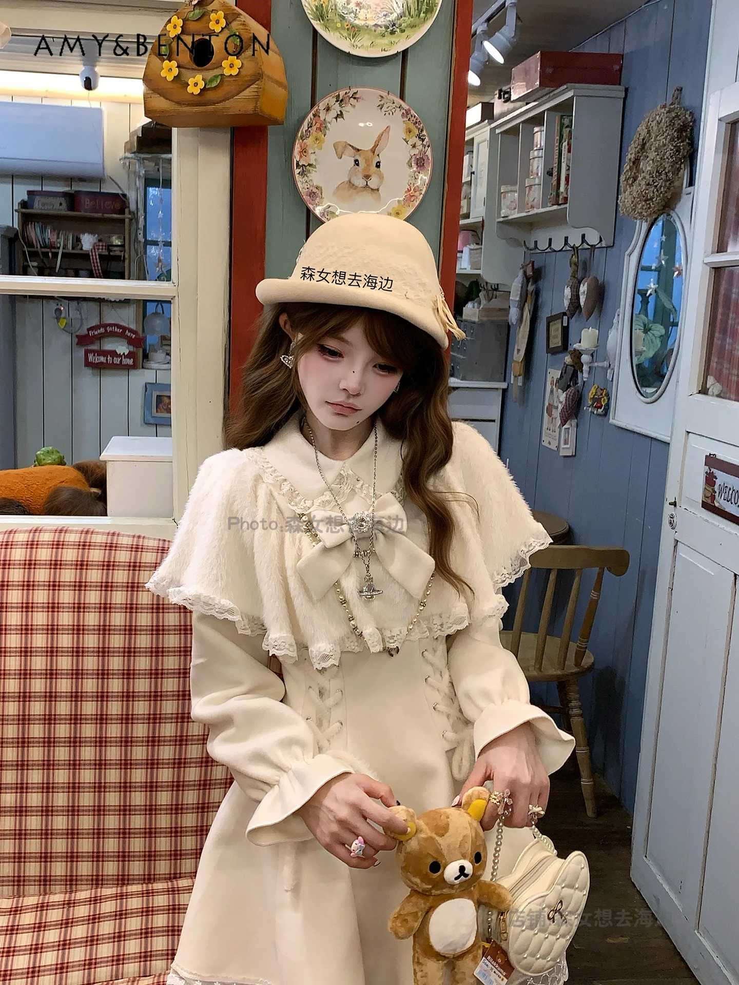 Elegant Gentle Princess Atmosphere Cape Dress Sweet Cute Bow Lace Plush Patchwork Slim Mini Dress for Women Autumn Winter New