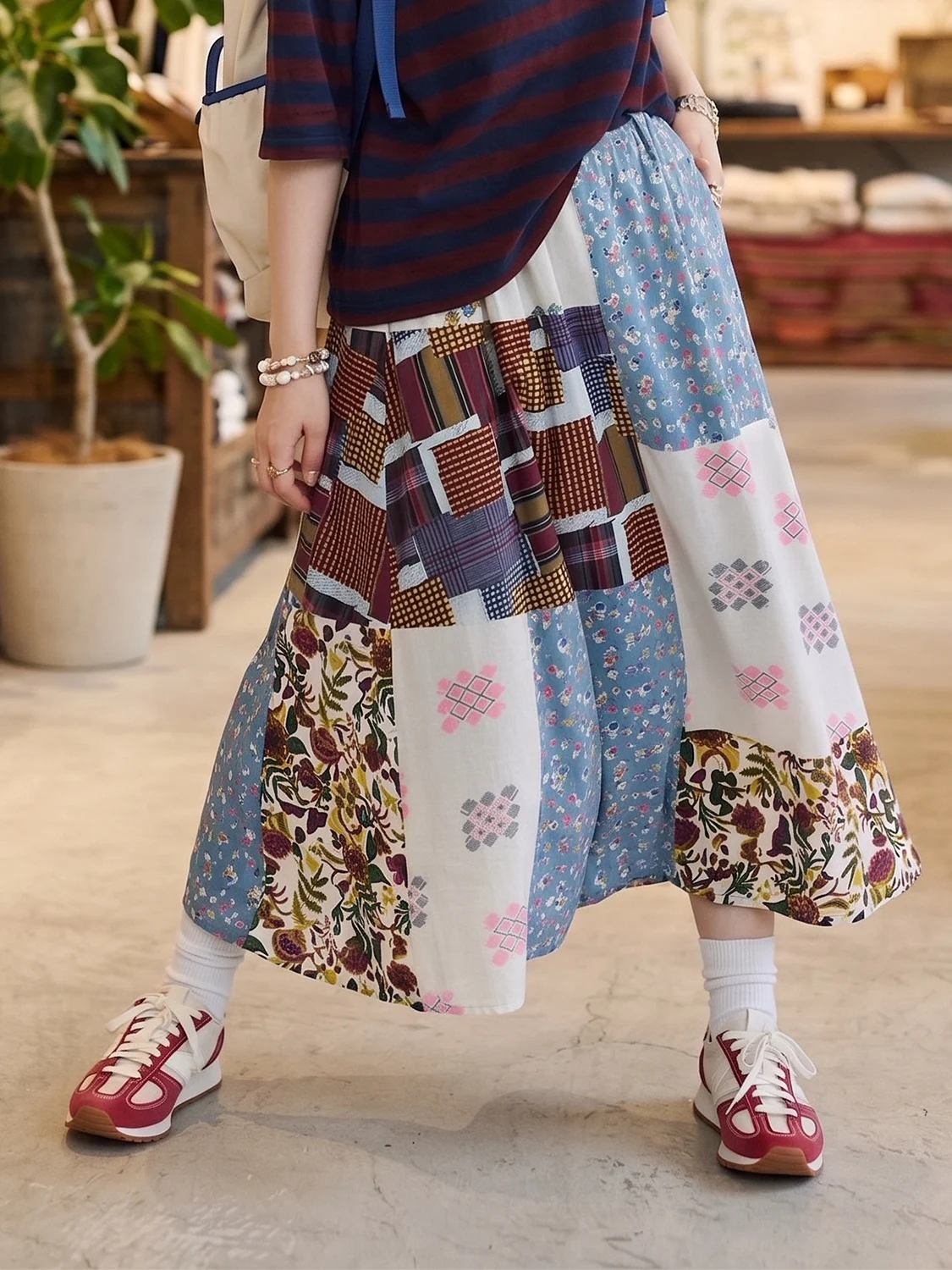 Summer 2026 New Style Japanese Plant Floral Print Half Skirt with Drawstring Elastic Waist A-Line Loose Fit Ladies Skirt