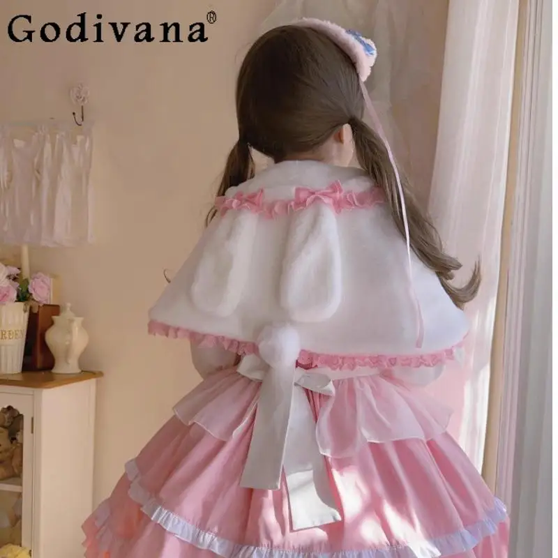 

Оригинальная милая накидка в стиле Лолиты, женская накидка с заячьими ушками, короткое пальто в стиле Лолиты, женская осенне-зимняя теплая японская накидка, шаль