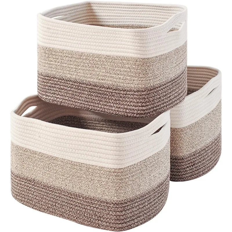 

Storage Baskets for Organizing Shelves, Woven Cotton Rope Bins for Baby Nursery Organization, Book Toy Towel Organizer, 15"x11"x
