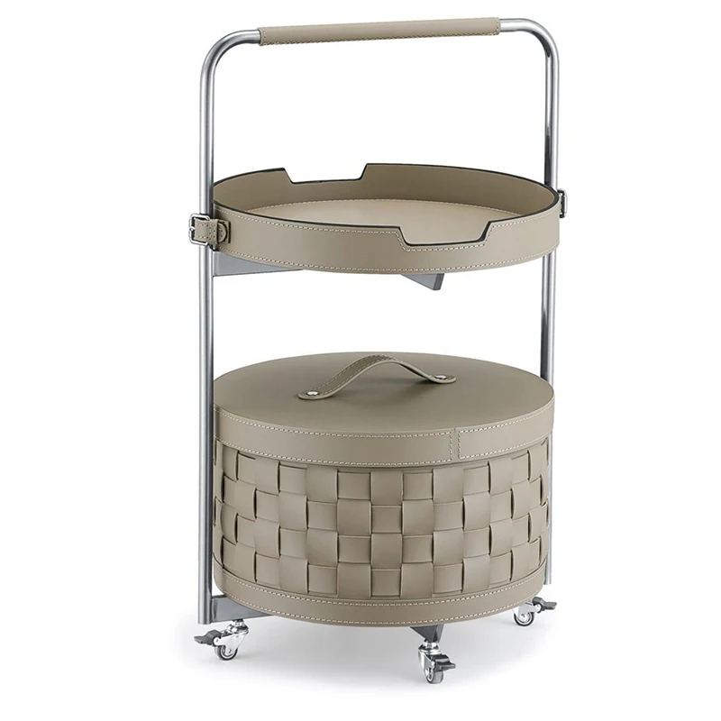 Rolling Storage Cart Leathern Bedside Table Modern  Can Move the Sofa Side Table