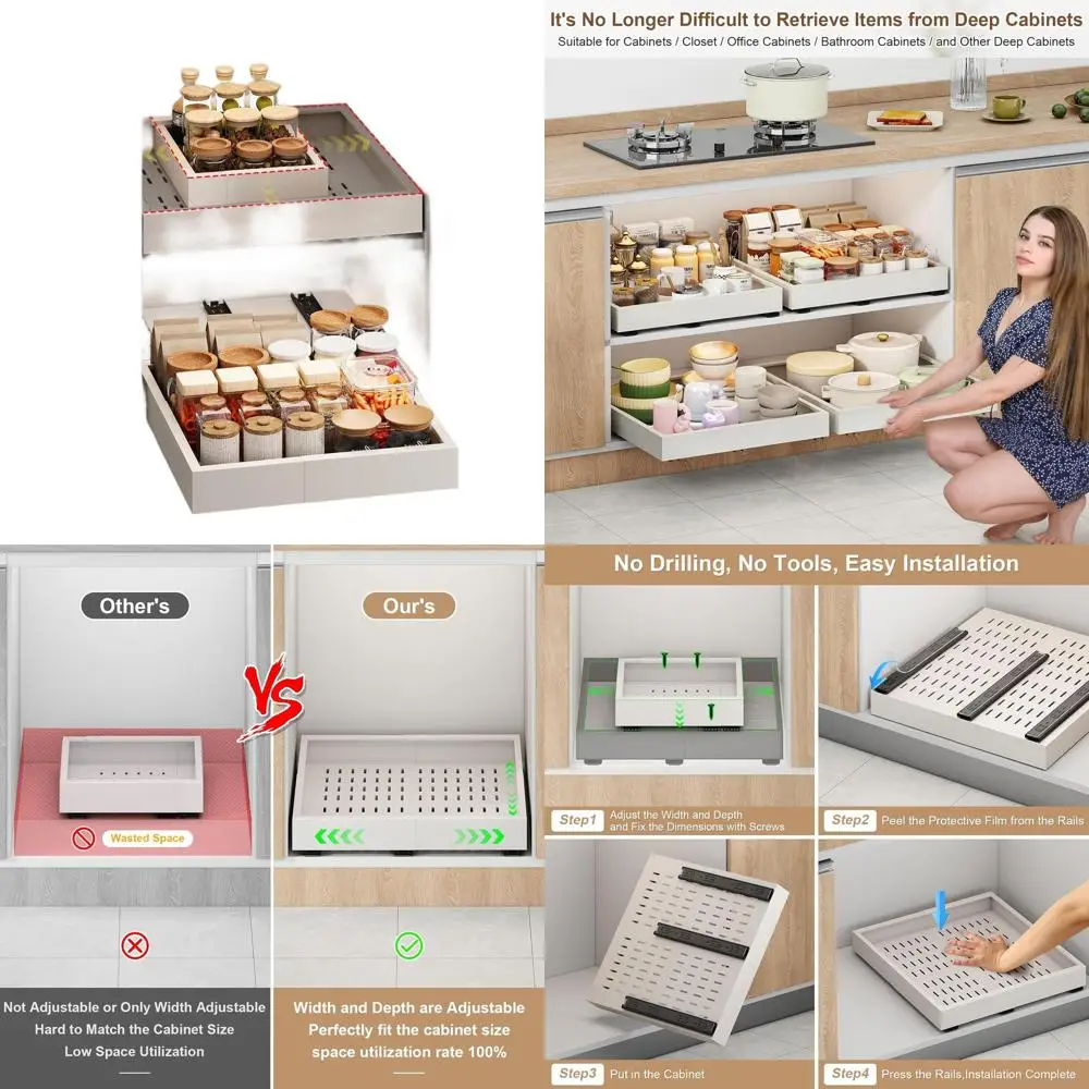 

Adjustable Slide-Out Drawer Organizer for Kitchen Cabinets, 3 Rails, 11-16 Wide, 13-17 Deep, Expandable, No-Drill, White