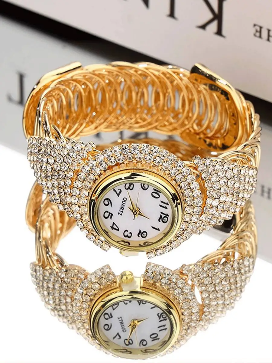 1pc Women's Gold Bracelet Watch With Heart-Shaped Dial And Rhinestone Decor, Casual Fashion Quartz Watch