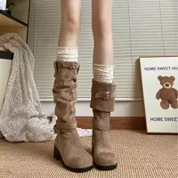 2024 Spring and Autumn High Quality Women's Shoes Fashionable Round Toe Medium Heel Solid Color Suede Sleeve Women's High Boots