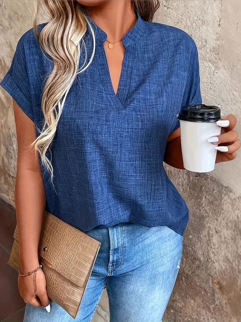 เสื้อสตรีสีพื้น คอวี แขนทรงปีกค้างคาว แบรนด์จีน สไตล์ลำลอง แฟชั่นพื้นฐาน สำหรับฤดูร้อน