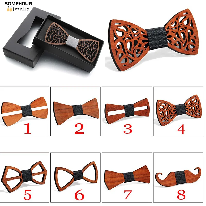 SOMEHOUR Floral Wood Bow Ties For Men Engraved Hollow Wooden Butterflies Bowknots Handmade Craft Gravata Weeding Suits Necktie