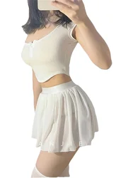 Super Sexy Asian Girl Mini Skirts Mesh Lace Transparent Women Cosplay Hot 2022 Pleated Skirt Solid Color Miniskirt Korean 5I9X